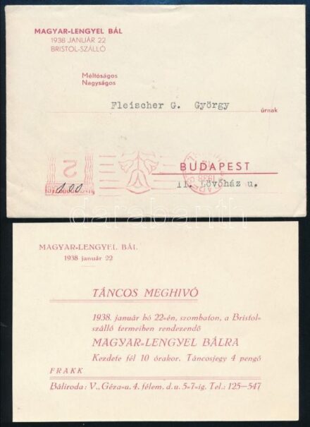 1938 Magyar-Lengyel Bál, 1938. jan. 22., táncos meghívója, borítékkal.