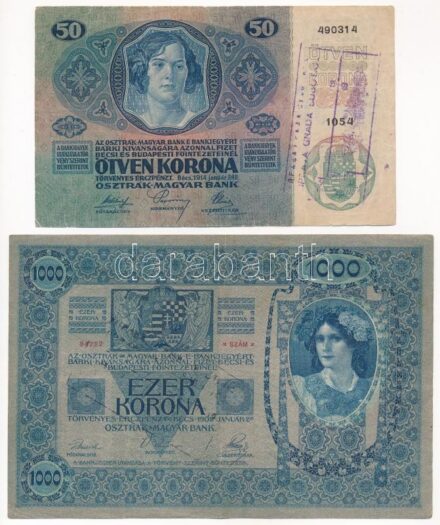 1902. 1000K '1300 94722' Szerb-Horvát-Szlovén Királyság bélyegével, hamis(?) felülbélyegzéssel + 1914. 50K '1054 490314' Szerb-Horvát-Szlovén Királyság bélyegével, hamis(?) felülbélyegzéssel T:III