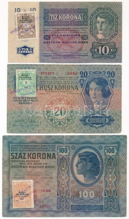 1912. 100K '1208 16501' hamis(?) montenegrói bélyeggel és felülbélyegzéssel + 1913. 20K '2262 270367' hamis(?) montenegrói bélyeggel és felülbélyegzéssel + 1915. 10K '1216 992526' hamis(?) montenegrói bélyeggel és