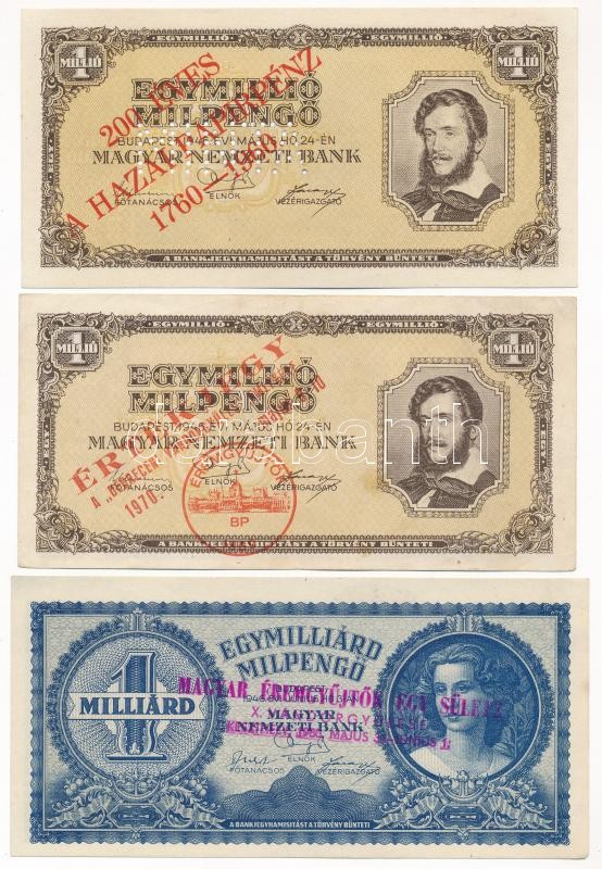 1946. 1.000.000MP '200 éves a hazai papírpénz 1760-1960' felülbélyegzéssel, 'MINTA' perforációval + 1946. 1.000.000MP 'Értékjegy a debreceni vándorgyűlés emlékére 1970. május 9-10' felülbélyegzéssel + 1946. 1.000.000.000MP