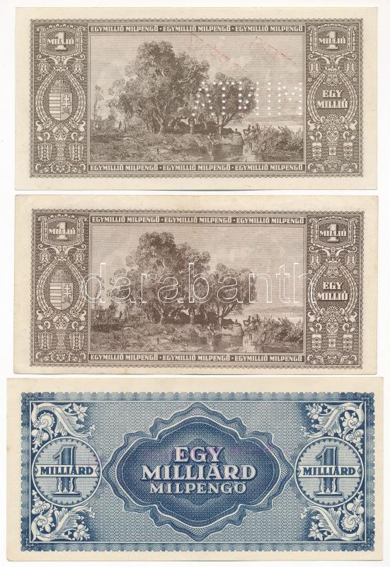 1946. 1.000.000MP '200 éves a hazai papírpénz 1760-1960' felülbélyegzéssel, 'MINTA' perforációval + 1946. 1.000.000MP 'Értékjegy a debreceni vándorgyűlés emlékére 1970. május 9-10' felülbélyegzéssel + 1946. 1.000.000.000MP - Image 2