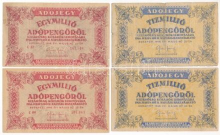 1946. 1.000.000AP sorszámos és vízjeles papír, fordított címerrel (2x) + 1946. 10.000.000AP vízjeles papír, fordított címerrel (2x) T:III-,IV Adamo P53, P54