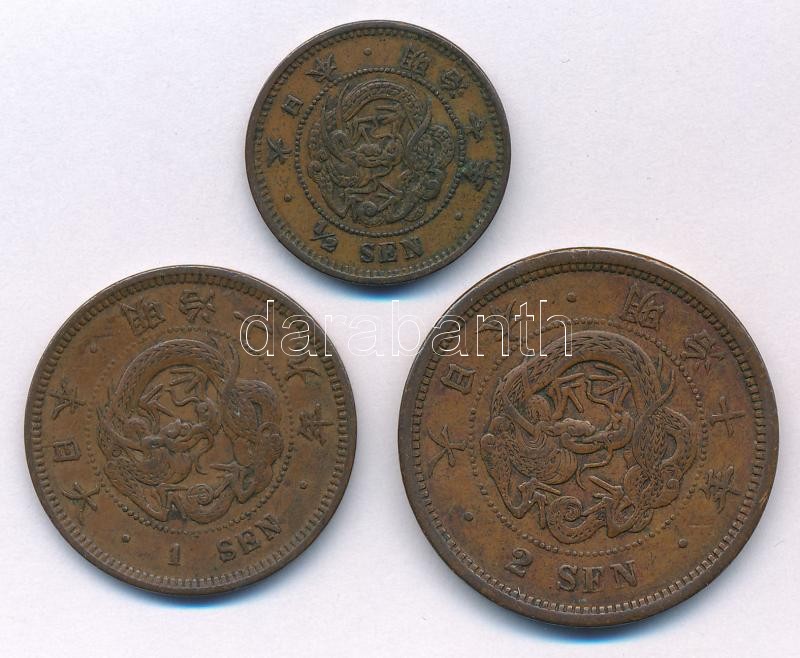 Japán 1874. 1/2s Cu 'Meidzsi' + 1886. 1s Cu 'Meidzsi' + 1877. 2s Cu 'Meidzsi' T:2 patina Japan 1874. 1/2 Sen Cu 'Meiji' + 1886. 1 Sen Cu 'Meiji' + 1877. 2 Sen Cu 'Meiji' C:XF patina Krause Y#16-18