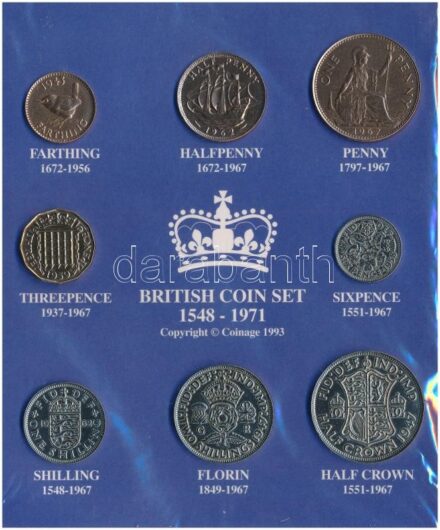 Nagy-Britannia 1943. 1f + 1947. 1F + 1/2C + 1958. 6p + 1959. 3p + 1962. 1/2p + 1sh + 1967. 1p T:2,2- Great Britain 1943. 1 Farthing + 1947. 1 Florin + 1/2 Crown + 1958. 6 Pence + 1959. 3 Pence + 1962. 1/2 Penny + 1 Shilling + 1967. 1 Penny C:XF,VF
