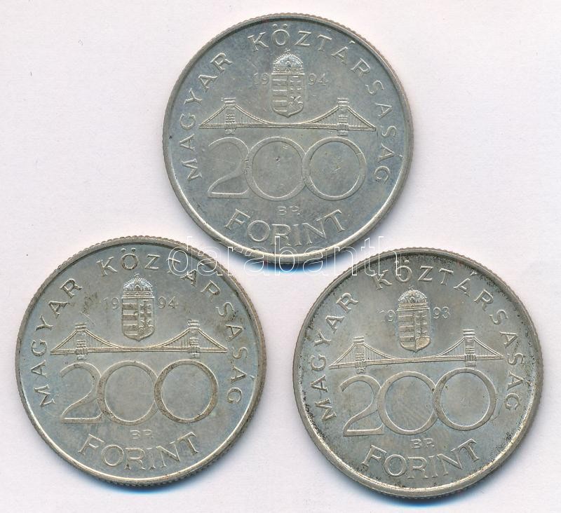 1993. 200Ft Ag 'MNB' + 1994. 200Ft Ag 'Deák' (2x) T:2 patina Adamo F13, F13.1