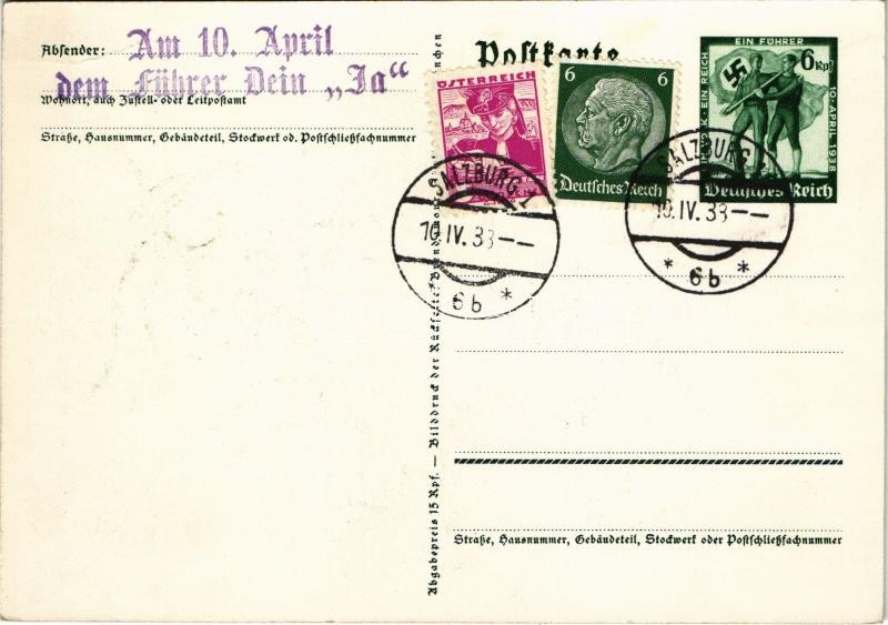 1938 März 13. Ein Volk, ein Reich, ein Führer! / Adolf Hitler, NSDAP German Nazi Party propaganda, map, swastika. 6 Ga. s: Professor Richard Klein + 'Am 10. April dem Führer Dein 'Ja'' So. Stpl. (EB) - Image 2