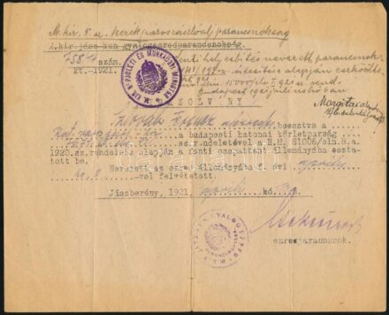 1921 Jászberény, igazolás áthelyezésről a M. Kir. 5. sz. Kerékpároszászlóaljba, pecséttel, aláírásokkal.