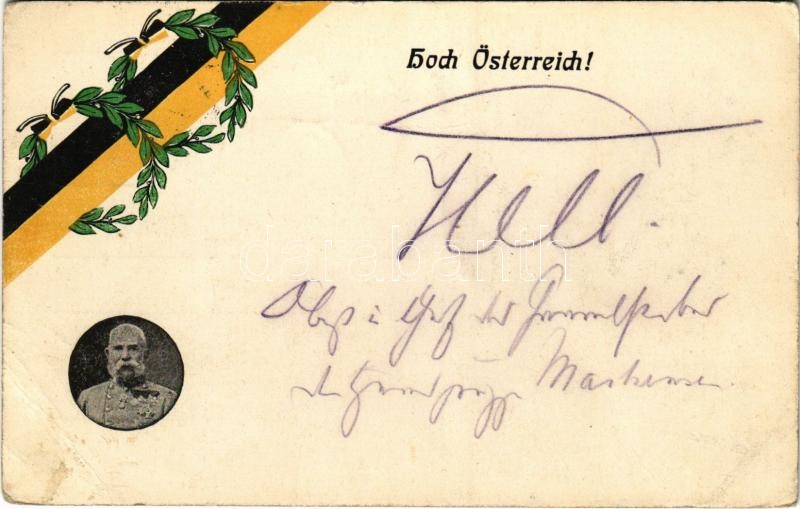 1917 Hoch Österreich! / WWI Austro-Hungarian K.u.K. military art postcard, patirotic propaganda with Franz Joseph I of Austria (EB)