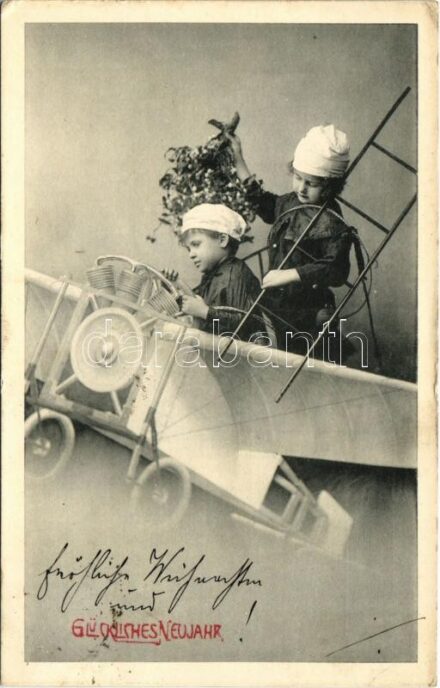 Glückliches Neujahr / New Year greeting card with chimney sweepers in airplane (EK)