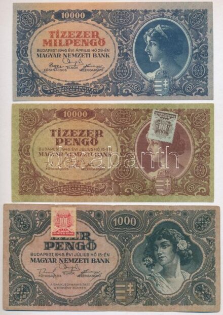 1945. 1000P szövegre ragasztott MNB bélyeggel + 1945. 10.000P fejjel lefelé ragasztott MNB bélyeggel + 1946. 10.000MP címerben színeltolódás T:III,III,I-