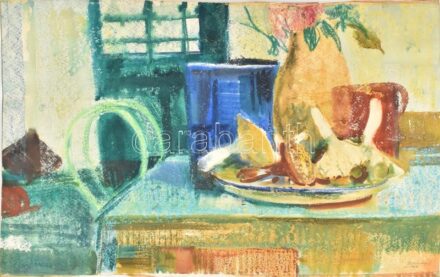 Szalóky Sándor (-): Csendélet. Pasztell, papír. Hullámos, sérült. 36x60cm