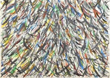 Arató István jelzéssel: Színes kompozíció. Tempera, papír, keret nélkül, 42x59 cm