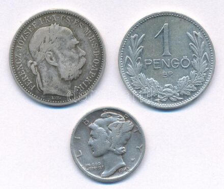 1895KB 1K Ag 'Ferenc József' + 1937. 1P Ag + Amerikai Egyesült Államok 1943. 1d Ag T:2-,3 patina