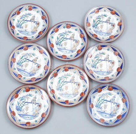 Sarreguemines francia fajansz, süteményes tányér, 8 db, hibátlan, jelzett, d: 17 cm