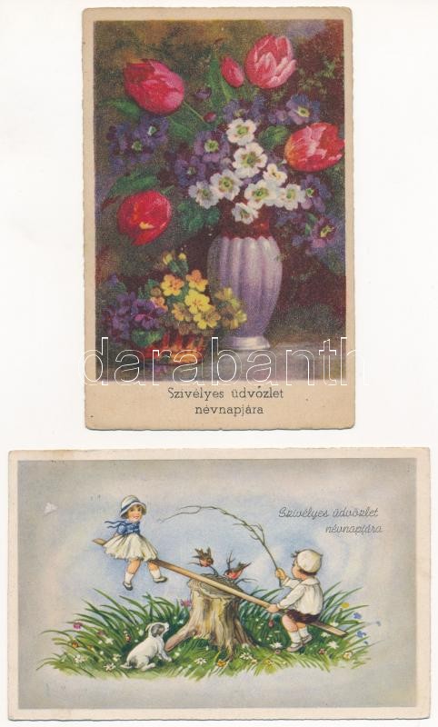 5 db RÉGI névnapi üdvözlő képeslap / 5 pre-1945 Name Day greeting postcards - Image 2