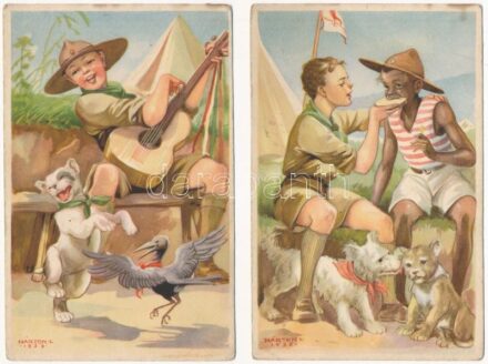 2 db RÉGI Márton L.-féle Cserkészlevelezőlapok Kiadóhivatal képeslap Márton L. szignóval / 2 pre-1945 Hungarian scout art postcards
