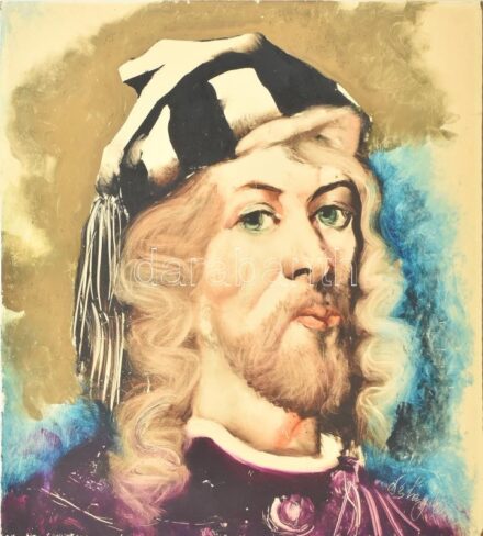 Szilágyi Imre (1942-): Reneszánsz férfi portré. Olaj, farost, jelzett, 35,5x33 cm