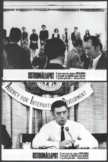 cca 1973 ,,Ostromállapot' című francia film jelenetei és szereplői (köztük Yves Montand), 13 db vintage produkciós filmfotó, ezüst zselatinos fotópapíron, a használatból eredő (esetleges) kisebb hibákkal, 18x24 cm