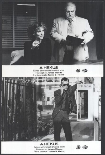 cca 1988 ,,A hekus' című amerikai krimi jelenetei és szereplői (köztük James Woods), 6 db vintage produkciós filmfotó, ezüst zselatinos fotópapíron, a használatból eredő (esetleges) kisebb hibákkal, 18x24 cm