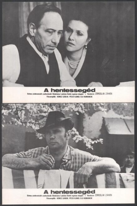 cca 1982 ,,A hentessegéd' című csehszlovák film jelenetei és szereplői (köztük Koncz Gábor, Pécsi Ildikó), 9 db vintage produkciós filmfotó, ofszet nyomdatechnikai eljárással sokszorosítva, egyoldalas nyomással, kartonpapíron,