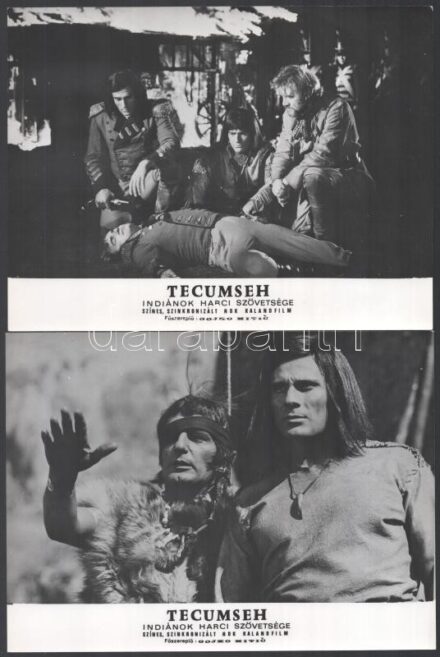 cca 1972 ,,Tecumseh - indiánok harci szövetsége' című NDK film jelenetei és szereplői (köztük Gojko Mitic), 7 db vintage produkciós filmfotó, ezüst zselatinos fotópapíron, a használatból eredő (esetleges) kisebb hibákkal, 18x24 cm