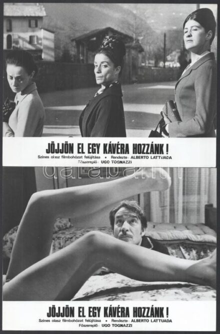 cca 1970 ,,Jöjjön el egy kávéra hozzánk' című olasz filmbohózat jelenetei és szereplői (köztük Ugo Tognazzi), 13 db vintage produkciós filmfotó, ezüst zselatinos fotópapíron, a használatból eredő (esetleges) kisebb hibákkal,