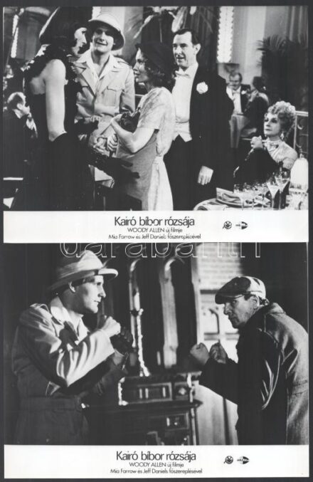cca 1985 Woody Allen rendezésében, a ,,Kairó bíbor rózsája' című amerikai film jelenetei és szereplői (köztük Mia Farrow, Jeff Daniels), 8 db vintage produkciós filmfotó, ezüst zselatinos fotópapíron, a használatból eredő