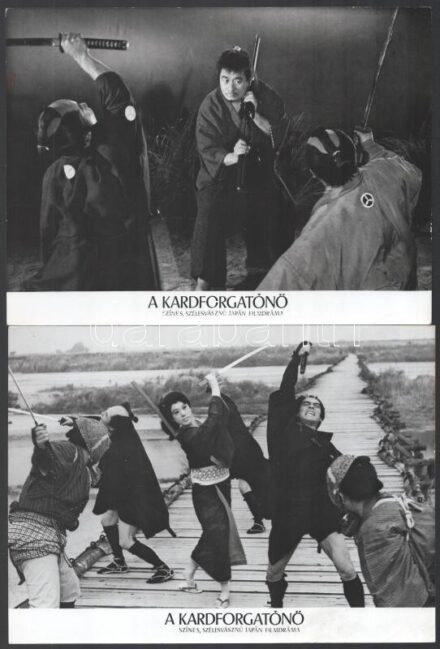 cca 1969 ,,A kardforgatónő' című japán film jelenetei és szereplői, 13 db vintage produkciós filmfotó, ezüst zselatinos fotópapíron, a használatból eredő (esetleges) kisebb hibákkal, 18x24 cm
