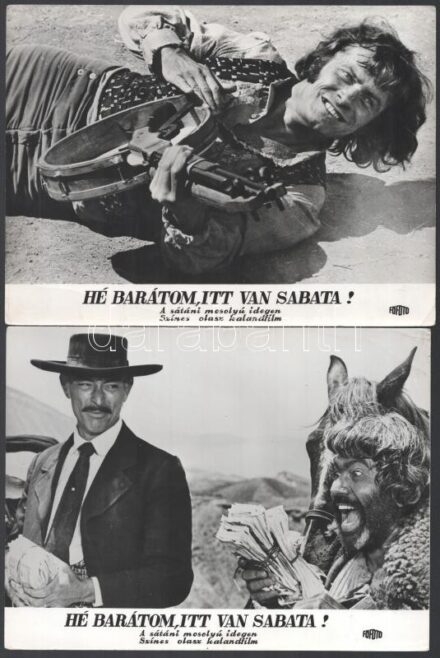 cca 1969 ,,Hé barátom, itt van Sabata - a sátáni mosolyú idegen' című olasz film jelenetei és szereplői (köztük Lee Van Cleef (1925-1989)), 13 db vintage produkciós filmfotó, ezüst zselatinos fotópapíron, a használatból eredő