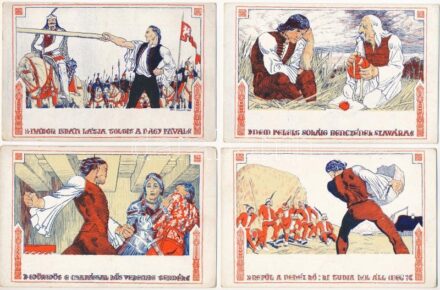 Fáy Aladár iparrajziskolai tanár rajzsorozata Arany János 'Toldi'-jához - 12 db régi művészlap, a teljes sorozat! / Illustrations for 'Toldi' signed by Fáy Aladár - 12 pre-1945 art postcards, the complete series