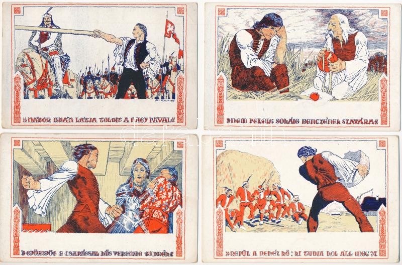 Fáy Aladár iparrajziskolai tanár rajzsorozata Arany János 'Toldi'-jához - 12 db régi művészlap, a teljes sorozat! / Illustrations for 'Toldi' signed by Fáy Aladár - 12 pre-1945 art postcards, the complete series