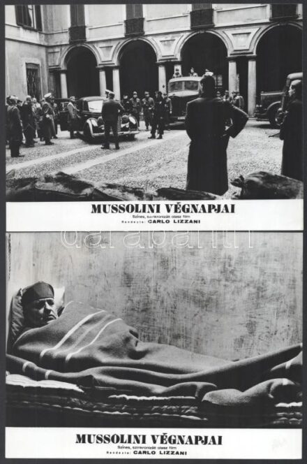 cca 1974 ,,Mussolini végnapjai' című olasz film jelenetei és szereplői, 13 db vintage produkciós filmfotó, ezüst zselatinos fotópapíron, a használatból eredő (esetleges) kisebb hibákkal, 18x24 cm