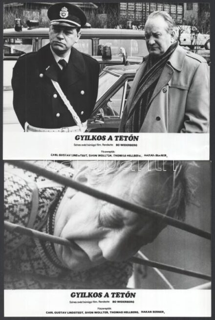 cca 1976 ,,Gyilkos a tetőn' című svéd bűnügyi film jelenetei és szereplői, 10 db vintage produkciós filmfotó, ezüst zselatinos fotópapíron, a használatból eredő (esetleges) kisebb hibákkal, 18x24 cm