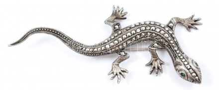 Ezüst (Ag) markazitos gyík bross, markazit hiány, jelzett, h: 8,5cm, bruttó: 11g