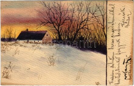 1900 Kézzel rajzolt és festett egyedi művészlap / hand-drawn and hand-made art postcard (vágott / cut)