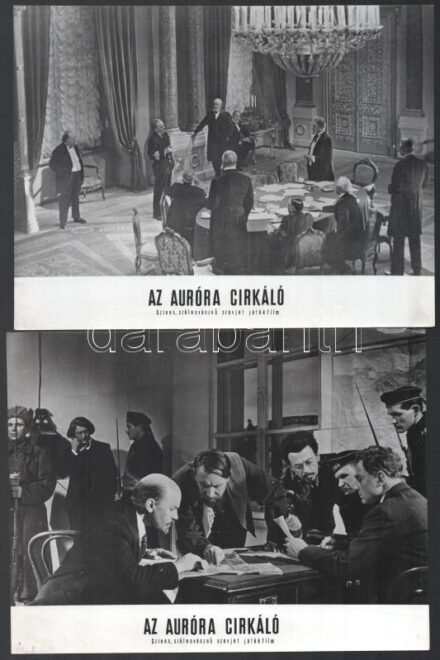 cca 1970 ,,Az Auróra cirkáló' című szovjet film jelenetei és szereplői, 21 db vintage produkciós filmfotó, ezüst zselatinos fotópapíron, a használatból eredő (esetleges) kisebb hibákkal, + hozzáadva egy szöveges kisplakát, 18x24