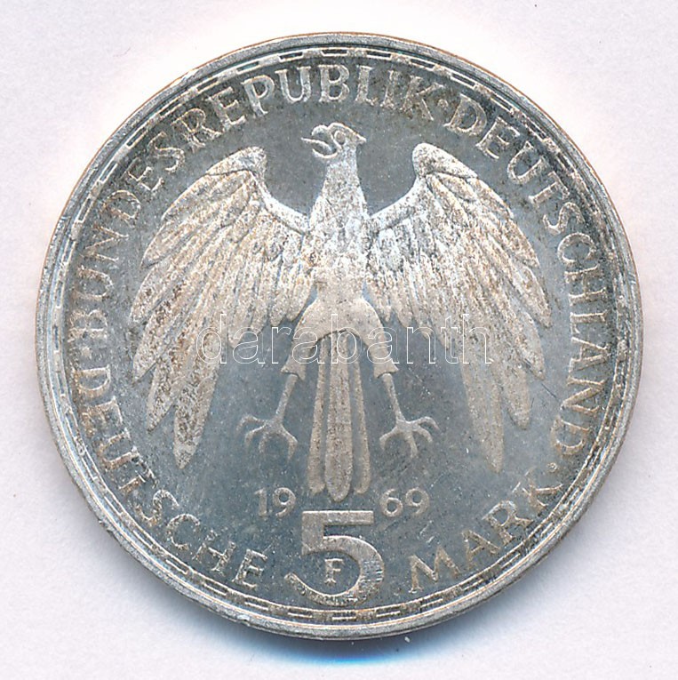 NSZK 1969F 5M Ag 'Gerhard Mercator' T:1- (eredetileg PP) patina FRG 1969F 5 Mark Ag 'Gerhard Mercator' C:AU (originally PP) patina Krause KM#126 - Image 2