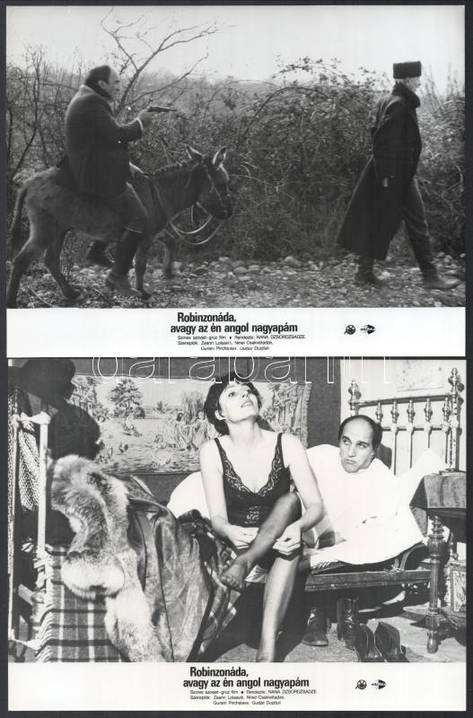 cca 1989 ,,Robinzonáda, avagy az én angol nagyapám' című szovjet-grúz film jelenetei és szereplői, 8 db vintage produkciós filmfotó, ezüst zselatinos fotópapíron, a használatból eredő (esetleges) kisebb hibákkal, 18x24 cm