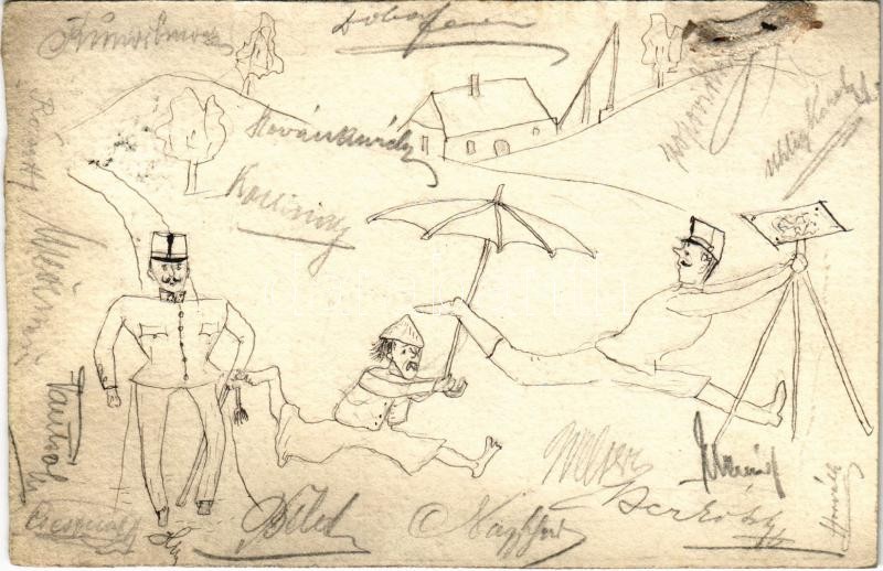 1901 Kézzel rajzolt katonai művészlap / Austro-Hungarian K.u.K. military, hand-drawn and hand-made art postcard (non PC) (fl)