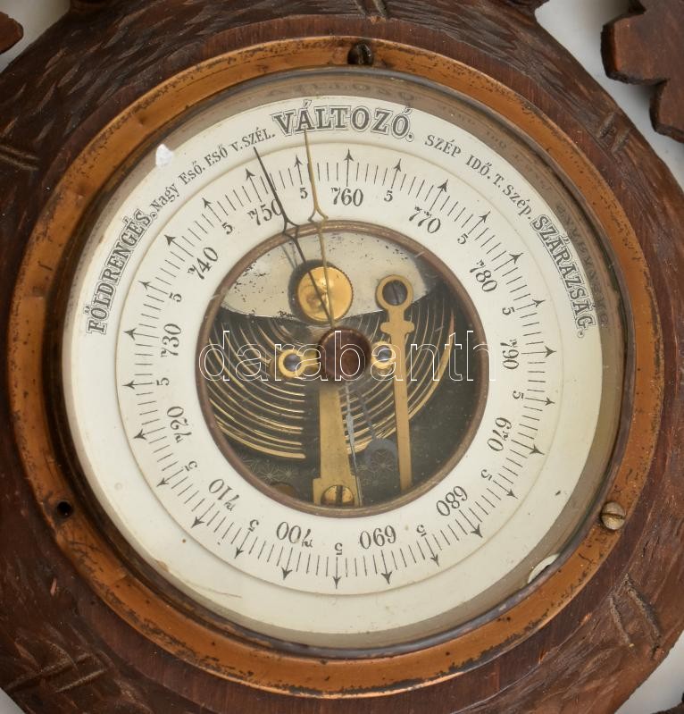 Régi faragott fa barométer, kopásnyomokkal, m: 50 cm - Image 3