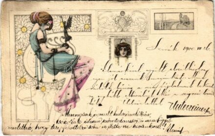 1900 Art Nouveau lady art postcard. Floral (kis szakadás / small tear)