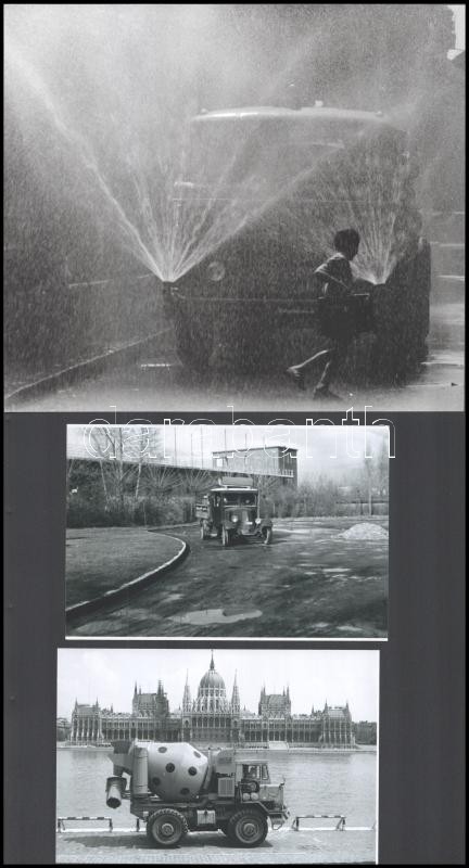 Különféle helyszíneken és eltérő időben készült felvételek teherautókról és haszongépjárművekről, 7 db vintage fotó és/vagy mai nagyítás, egy kép vasúti vontató teherautót ábrázol Kerny István hagyatékából, de ez