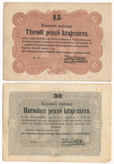 1849. 15kr + 30kr 'Kossuth bankó' T:III Adamo G102, G103