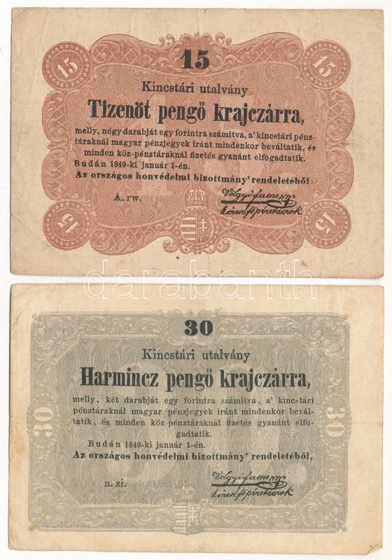 1849. 15kr + 30kr 'Kossuth bankó' T:III Adamo G102, G103
