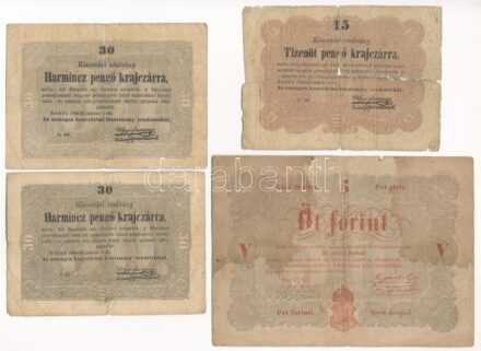 1848 5Ft 'QXf 551300' vörösesbarna + 1849. 15kr + 30kr 'Kossuth bankó' T:III-,IV Adamo G109, G102, G103