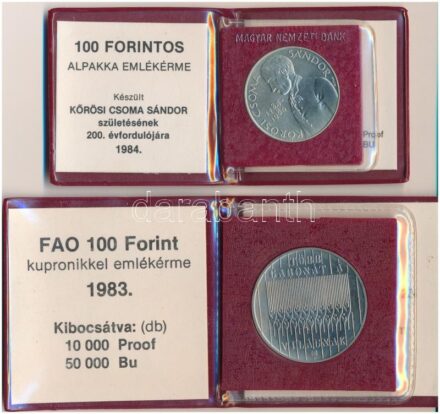 1983. 100Ft Cu-Ni 'FAO - Több gabonát a világnak' bordó műbőr tokban, tanúsítvánnyal. Műanyag keret törött. + 1984. 100Ft alpakka 'Kőrösi Csoma Sándor' T:BU Adamo EM78, EM72