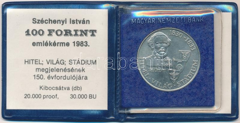 1983. 100Ft alpakka 'Széchenyi István' tokban, tanúsítvánnyal T:BU kis patina, az érmét tartó műanyag lapka eltört Adamo EM75