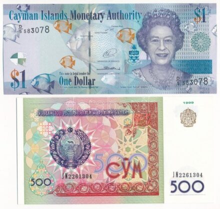 Kajmán-szigetek 2014. 1$ 'D/5 583078' + Üzbegisztán 1999. 500S 'JN 2261304' T:I,I- Cayman Islands 2014. 1 Dollar 'D/5 583078' + Uzbekistan 1999. 500 So'm 'JN 2261304' C:UNC,AU Krause P#38, #81