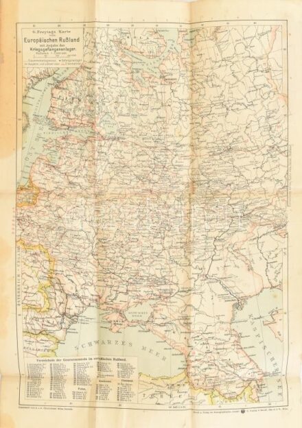 cca 1914-1918 G. Freytags Karte vom Europäischen Russland, mit Angabe der Kriegsgefangenenlager / Oroszország európai részének térképe, a hadifogolytáborok feltüntetésével. 1 : 7.500.000. Kartograpische Anstalt G. Freytag & Berndt,