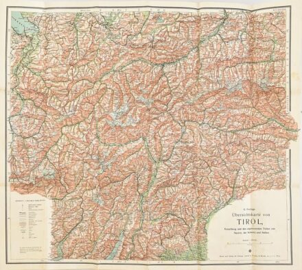 cca 1910 G. Freytags Übersichtskarte von Tirol / Tirol áttekintő térképe. 1 : 350.000. Kartograpische Anstalt G. Freytag & Berndt, Wien. Hajtva, kissé foltos, 76x67 cm